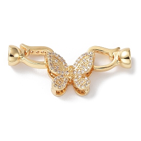 Rack Plating Brass Micro Pave Clear Cubic Zirconia Fold Over Clasps, Butterfly, Cadmium Free & Lead Free, Long-Lasting Plated