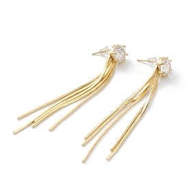 Brass Snake Chain Tassel Earrings, with Cubic Zirconia, Steel Pin and Plastic Ear Nuts, Long-Lasting Plated