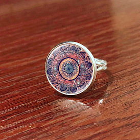 Glass Mandala Flower Finger Ring, Platinum Brass Flat Round Signet Ring for Women