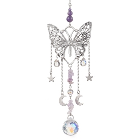 Alloy Butterfly Pendant Decorations, Natural Amethyst & Glass Round Tassel Charms for Garden Home Decoration