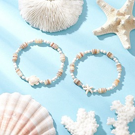 2Pcs Synthetic Turquoise Beaded Stretch Bracelets, Starfish and Turtle, with Natural Freshwater Shell