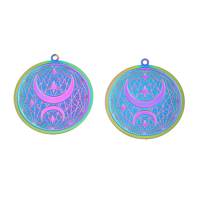 Ion Plating(IP) 304 Stainless Steel Filigree Pendants, Etched Metal Embellishments, Moon with Star
