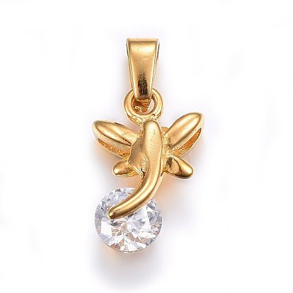 304 Stainless Steel Pendants, with Cubic Zirconia, Dragonfly