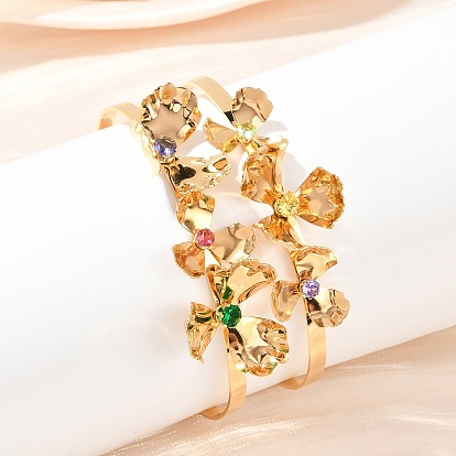 Цветочные 304 браслеты-манжеты из нержавеющей стали для женщин, со стразами