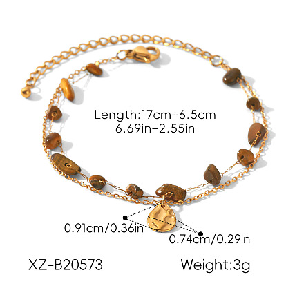 304 Edelstahl-Tropfenanhänger 2-Strang-Armbänder, Armbänder aus natürlichen Tigeraugen-Nuggets und Perlenketten für Damen