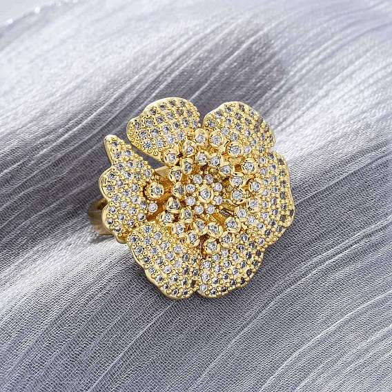 Латунные кольца-манжеты с микропаве и прозрачным цирконием для женщин, цветок, долговечный, без свинца и без кадмия