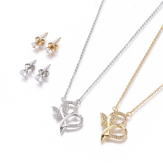 304 нержавеющей стали ювелирных изделий, ожерелья из кулона из микропаве из латуни с микропаве и 304 серьги-гвоздики из нержавеющей стали, с пластиковыми ушными гайками / серьгами сзади, сердце с бабочкой