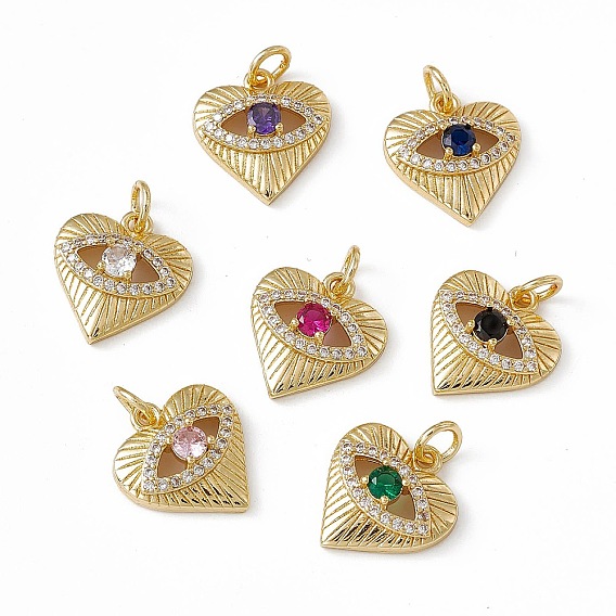 Rack Plating Brass Cubic Zirconia Pendants, Heart with Eye Charm, with Jump Ring, Long-Lasting Plated, Golden, Lead Free & Cadmium Free