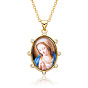 Religion Theme Resin Oval with Rhinestone Pendant Necklace, Golden Brass Necklace