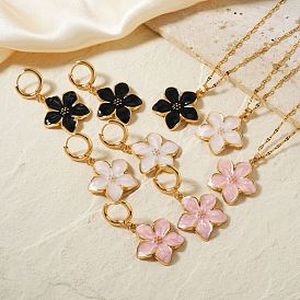 Rustic Style Brass Enamel Flower Jewelry Set, Hoop Earrings & Pendant Necklaces Set for Women