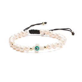 Natural Shell & Pearl Braided Bead Bracelet, Cross with Evil Eye Adjustable Bracelet for Women