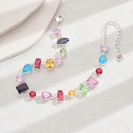 Brass Colorful Cubic Zirconia Chain Bracelets for Women, Fashionable and Versatile