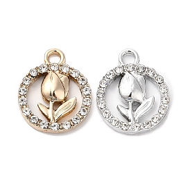 Rack Plating Alloy Crystal Rhinestone Pendants, Ring with Rose Charms