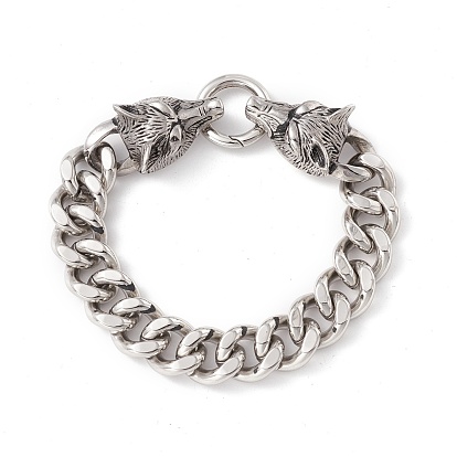 304 Stainless Steel Curb Chains Bracelet with Wolf Clasp for Men Women