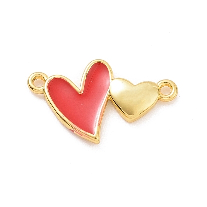Eco-friendly Rack Plating Brass Enamel Connector Charms, Cadmium Free & Lead Free, Long-Lasting Plated, Double Heart Links, Real 18K Gold Plated