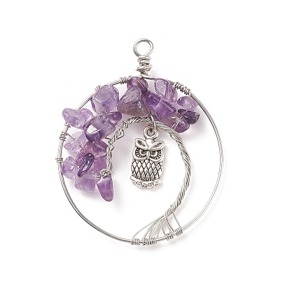 Colgantes envueltos en alambre de la joyería del cobre del chip de la piedra preciosa, árbol de la vida encanto, con fornituras de aleación de búho, plano y redondo, plata antigua y platino