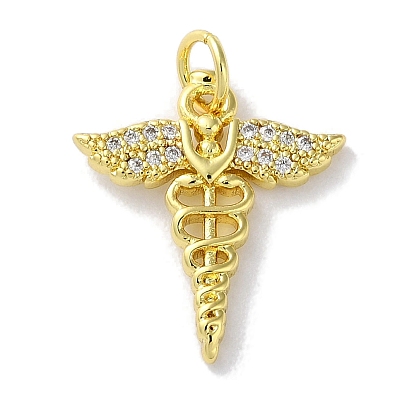Rack Plating Brass Micro Pave Clear Cubic Zirconia Pendants, Long-Lasting Plated, Lead Free & Cadmium Free, Wing