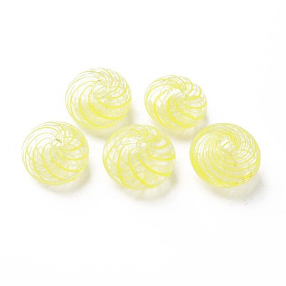 Transparent Handmade Blown Glass Globe Beads, Stripe Pattern, Flat Round