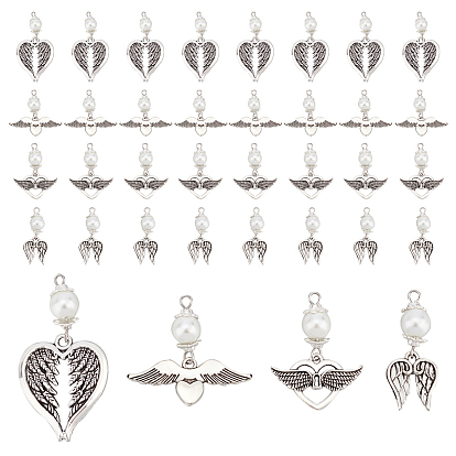 48 шт 4 подвески из сплава в тибетском стиле, со стеклянной шарик перлы, сердце/крыло, античное серебро