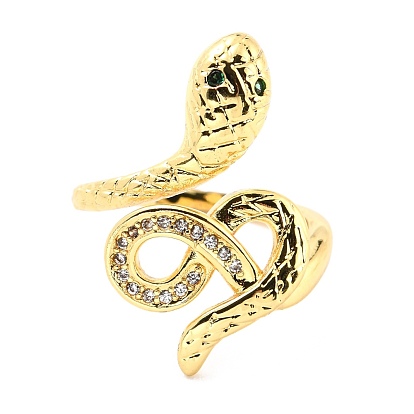 Brass Micro Pave Cubic Zirconia Cuff Rings, Long-Lasting Plated, Snake
