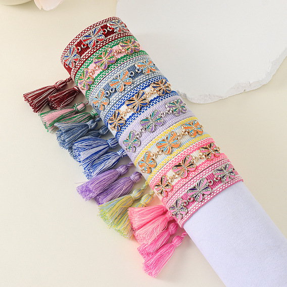 Регулируемые браслеты-слайдеры из полиэстера, сплава, смолы, эмали и стразов., браслеты макраме для женщин, с кистями