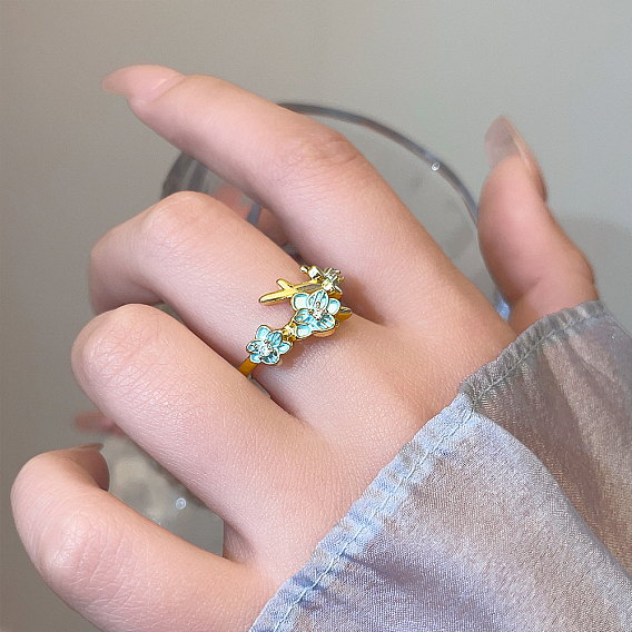 Anillos abiertos de latón con micropavé de circonitas cúbicas para mujer, flor, con esmalte
