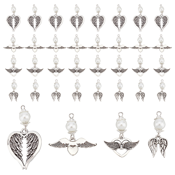 48 шт 4 подвески из сплава в тибетском стиле, со стеклянной шарик перлы, сердце/крыло, античное серебро
