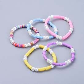 Handmade Polymer Clay Heishi Beads Kids Stretch Bracelets, with Glass Pearl Beads