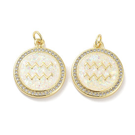 Brass Micro Pave Clear Cubic Zirconia Pendants, with Synthetic Opal and Jump Rings, Real 18K Gold Plated, Flat Round Charms