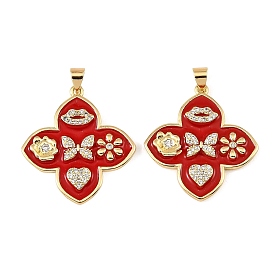 Brass Micro Pave Clear Cubic Zirconia Pendants, with Red Enamel, Clover with Heart & Flower Charms