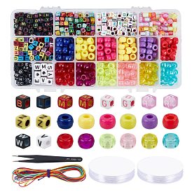 DIY Acrylic & Plastic Bead Stretch Bracelets Making Kits, Include Column & Cube Letters Beads, Stainless Steel Tweezers, Elastic Crystal Thread and Round Elastic Cord