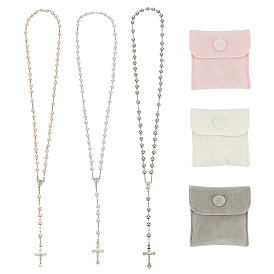 3 шт. круглые белые стеклянные жемчужные четки, подвески в виде креста Иисуса из сплава, с 3 шт. бархатными мешочками для хранения ювелирных изделий