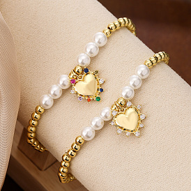 Fashionable Pearl and Copper Bead Bracelet with Heart Pendant for Women