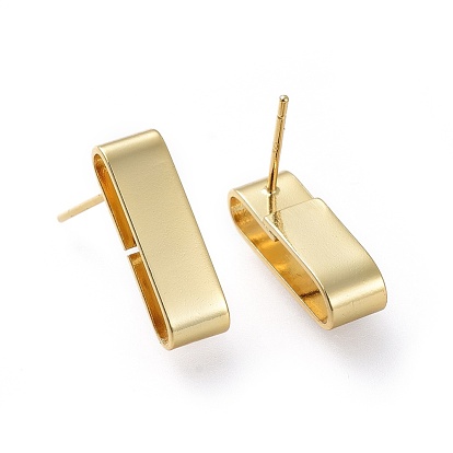 Brass Stud Earrings, with Ear Nuts and 925 Sterling Silver Pin, Rectangle