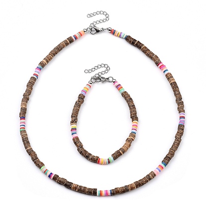 Conjuntos de pulseras y collares con cuentas heishi, con coco natural, Cuentas de heishi de arcilla polimérica hechas a mano y cierres de garra de langosta de acero inoxidable