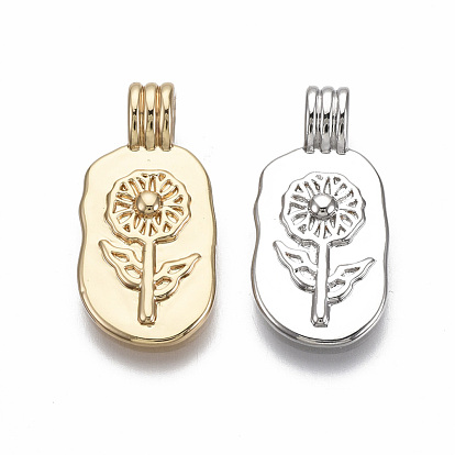 Brass Pendants, Oval with Flower, Nickel Free