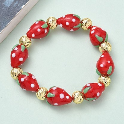 Женские эластичные браслеты из латуни и бусин в технике лэмпворк, клубника, стойки покрытие, без свинца и без кадмия, долговечный, реальный 18 k позолоченный