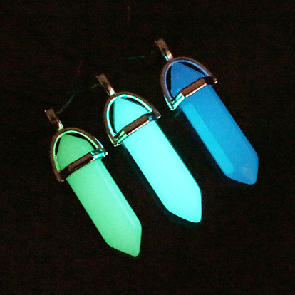 Bullet Pointed Synthetic Luminous Stone Pendants, Glow In The Dark Pendants, with Platinum Tone Alloy Findings