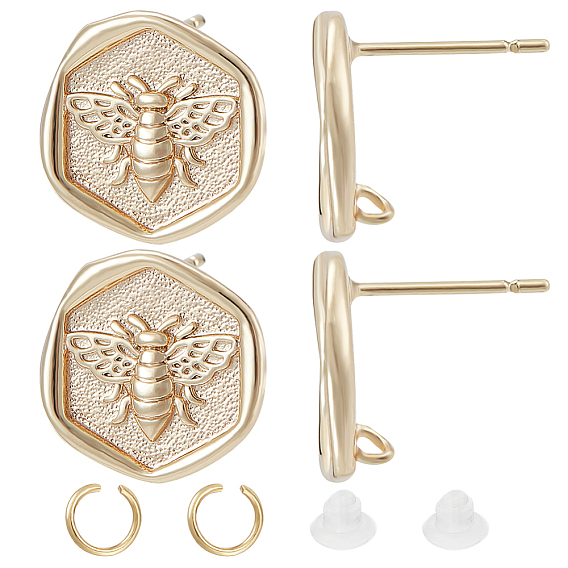 10шт. фурнитура для сережек-гвоздиков из латуни в виде пчелы, с вертикальными петлями и 20шт. 304 переходными кольцами из нержавеющей стали и 20шт. пластиковыми ушными гайками