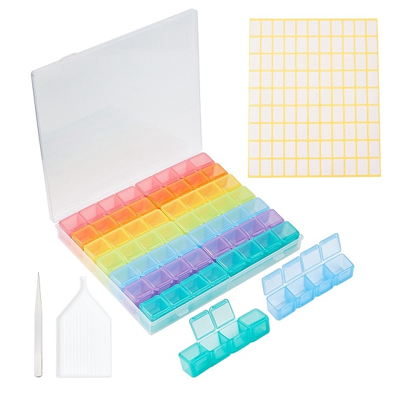 Rhinestone Storage Tools, with 56 Compartments Removable Plastic Bead Containers, Label Paster, Iron Tweezers and Tray Plate
