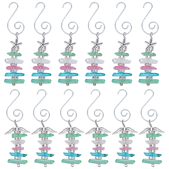 12 шт 2 стили сплав и натуральный кварцевый кристалл бусина подвеска украшение для рождественской елки, подвесное украшение на елку в виде крыла ангела и морской звезды