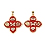 Brass Micro Pave Clear Cubic Zirconia Pendants, with Red Enamel, Clover with Heart & Flower Charms