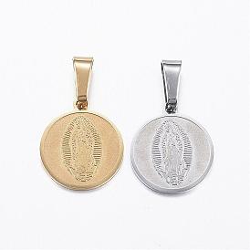 Placage ionique (ip) 304 pendentifs en acier inoxydable, plat rond, avec vierge marie