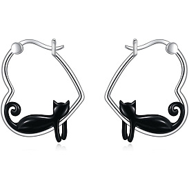 Серьги-кольца из цинкового сплава с эмалью, сердце в форме кошки