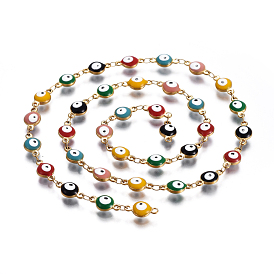  304 Stainless Steel Link Chains, with Enamel, Soldered, Flat Round with Evil Eye