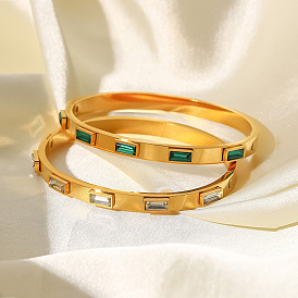 Fashionable Stainless Steel Green/White Rectangular Zircon Inlaid Bracelet for Women