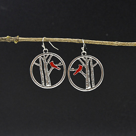 Серьги-подвески из цинкового сплава с эмалью, кольцо с веткой и красной птицей