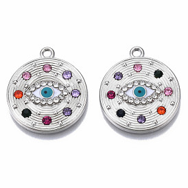Rack Plating Alloy Enamel Pendants, with Colorful Rhinestone, Cadmium Free & Nickel Free & Lead Free, Flat Round with Evil Eye Charms