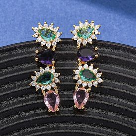 Женские серьги-гвоздики из латуни с микропаве и цветным кубическим цирконием, слеза