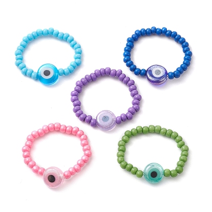 Handmade Evil Eye Lampwork Beads and Baking Paint Glass Stretch Finger Rings